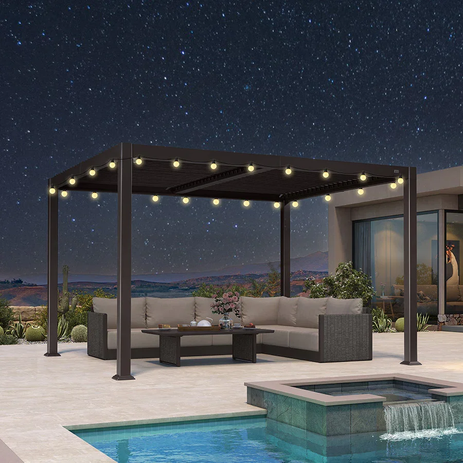 PURPLE LEAF Caesar Louvered Pergola Outdoor Adjustable Louvre Shade Modern Patio Aluminum Pergola with Yellow Lights