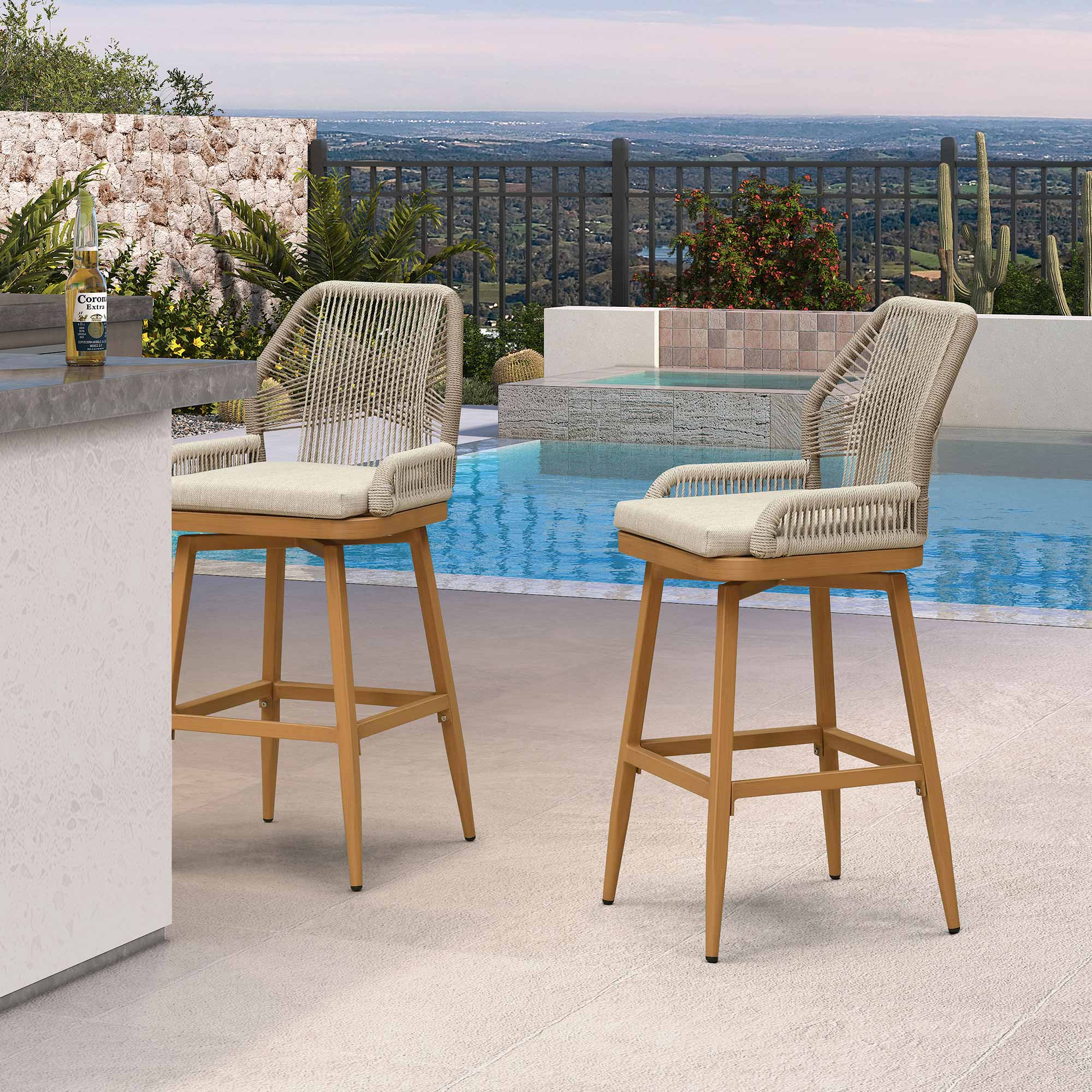 PURPLE LEAF Outdoor Swivel Bar Stools Set of 2 Patio 360° Rotating All-Weather Wicker Stools with Back and Cushion for Outside Backyard Kitchen Bistro Garden Bar