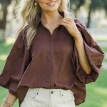 Let's Run Brown Bubble Sleeve Blouse