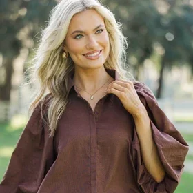 Let's Run Brown Bubble Sleeve Blouse
