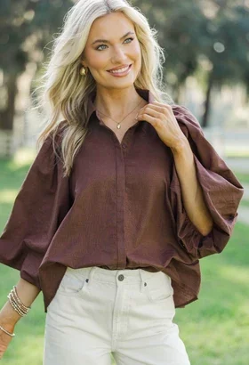 Let's Run Brown Bubble Sleeve Blouse