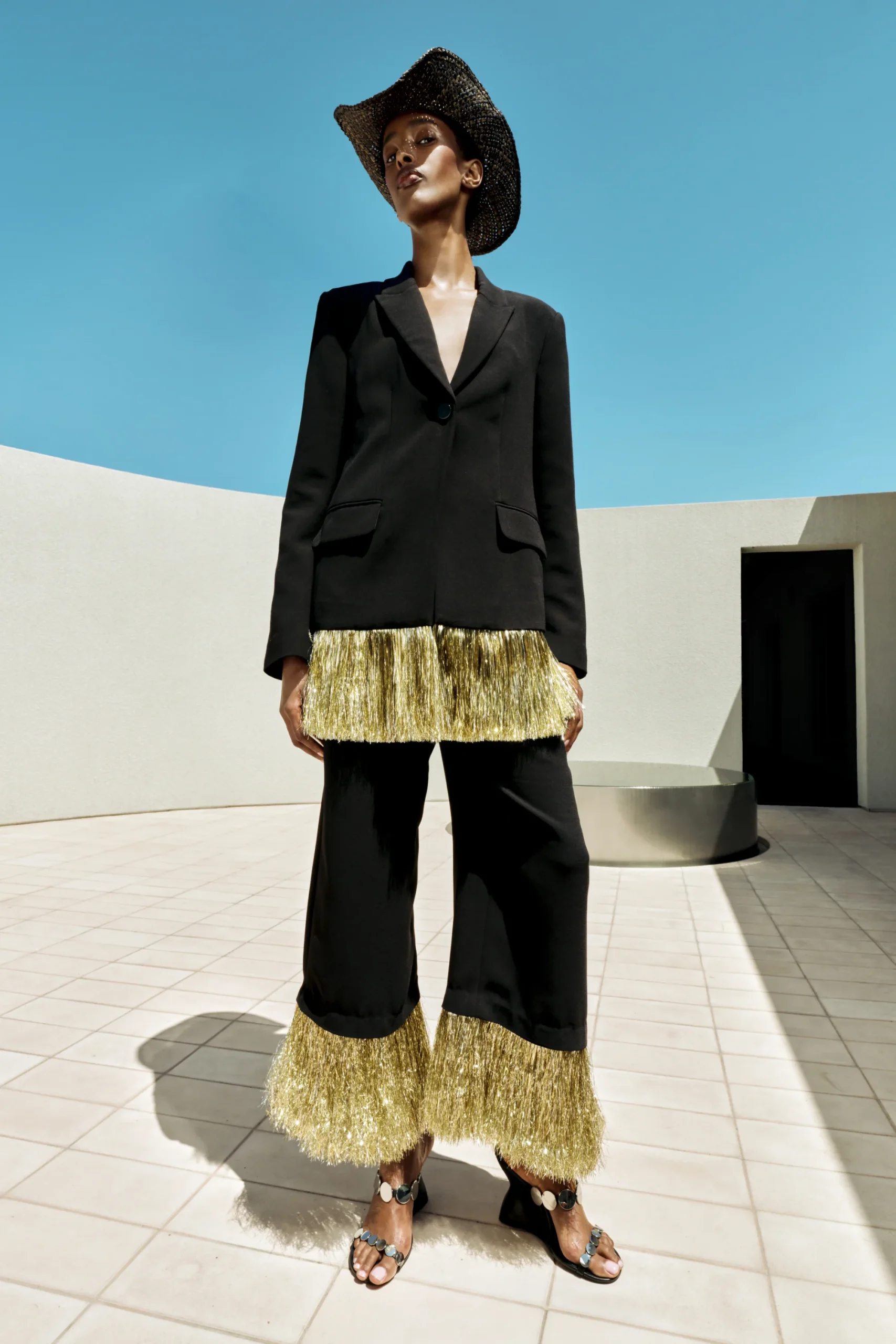 Odette Crepe Fringe Blazer in Black Tinsel