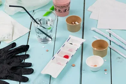 Verschiedene Gegenstände auf einem hellblauen Tisch, einschließlich eines Wasserglases, Bechern, Handschuhen und einem Medikamentenorganizer.