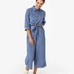 BRUNY Wide-Leg Linen Culotte Pants in Denim Chambray