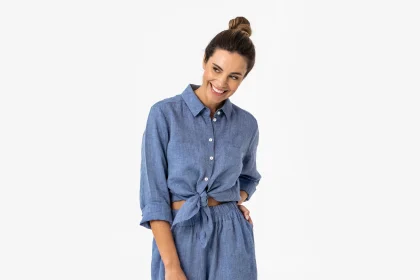 BRUNY Wide-Leg Linen Culotte Pants in Denim Chambray
