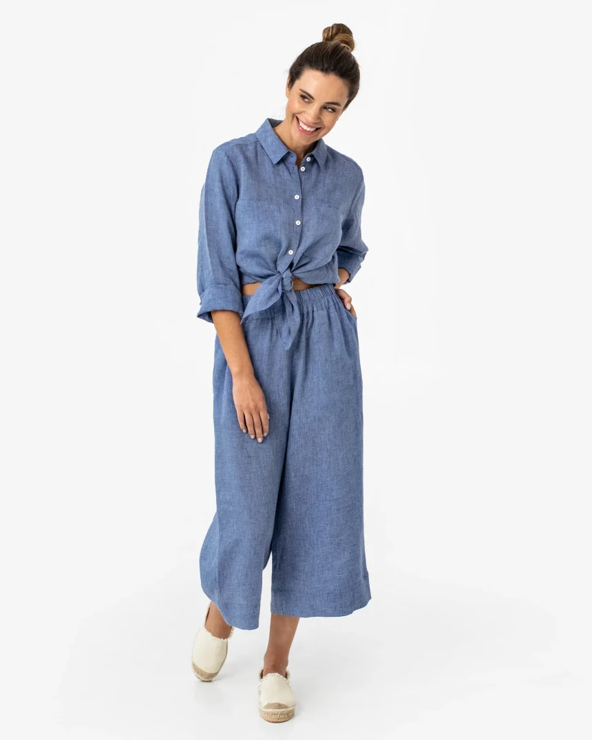 BRUNY Wide-Leg Linen Culotte Pants in Denim Chambray