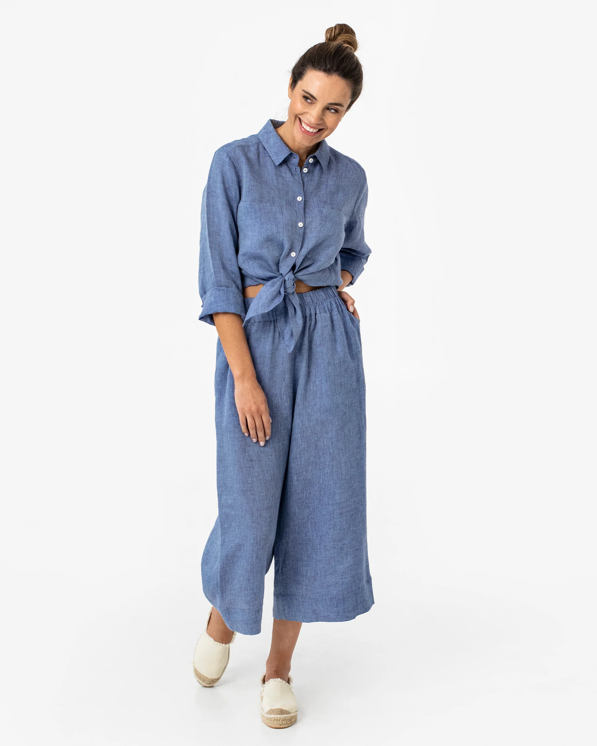 BRUNY Wide-Leg Linen Culotte Pants in Denim Chambray