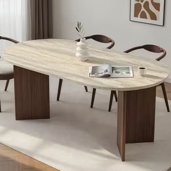 Sablio Oval Dining Table in Travertine Effect & Walnut