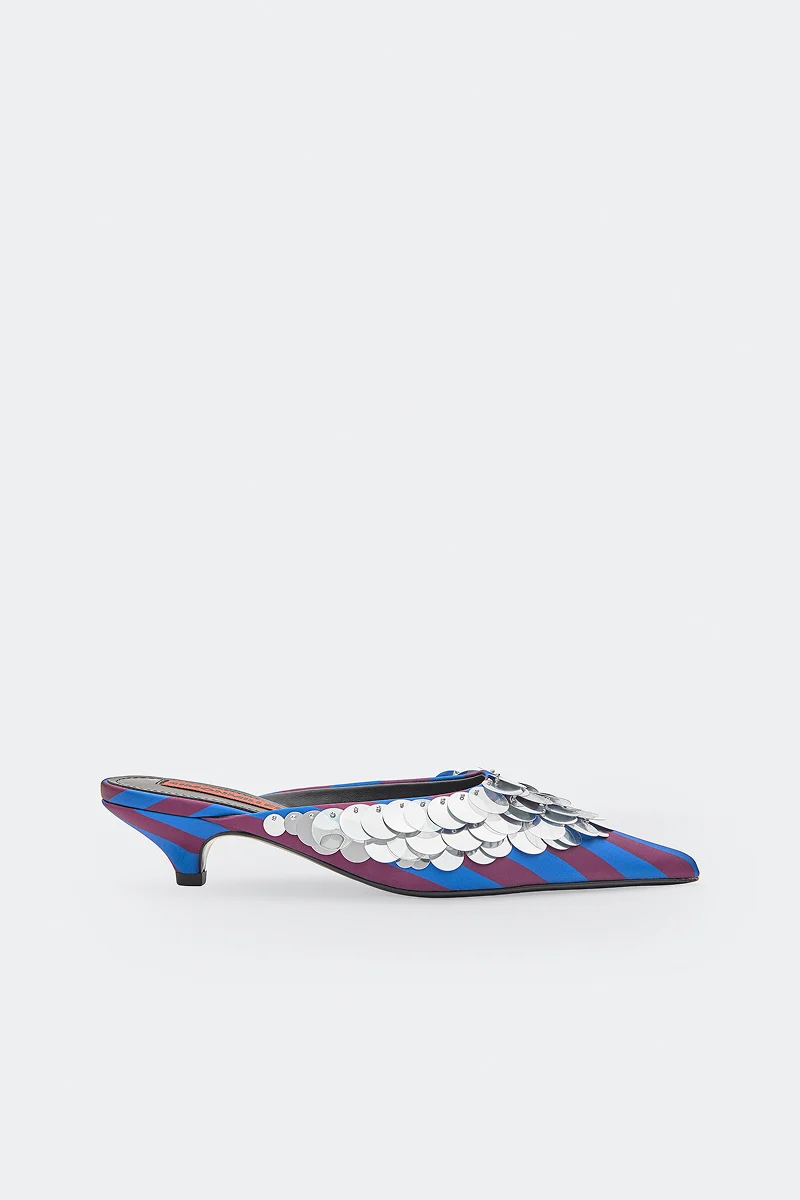 Sequin Arrow Mule In Plum Stripe/Silver