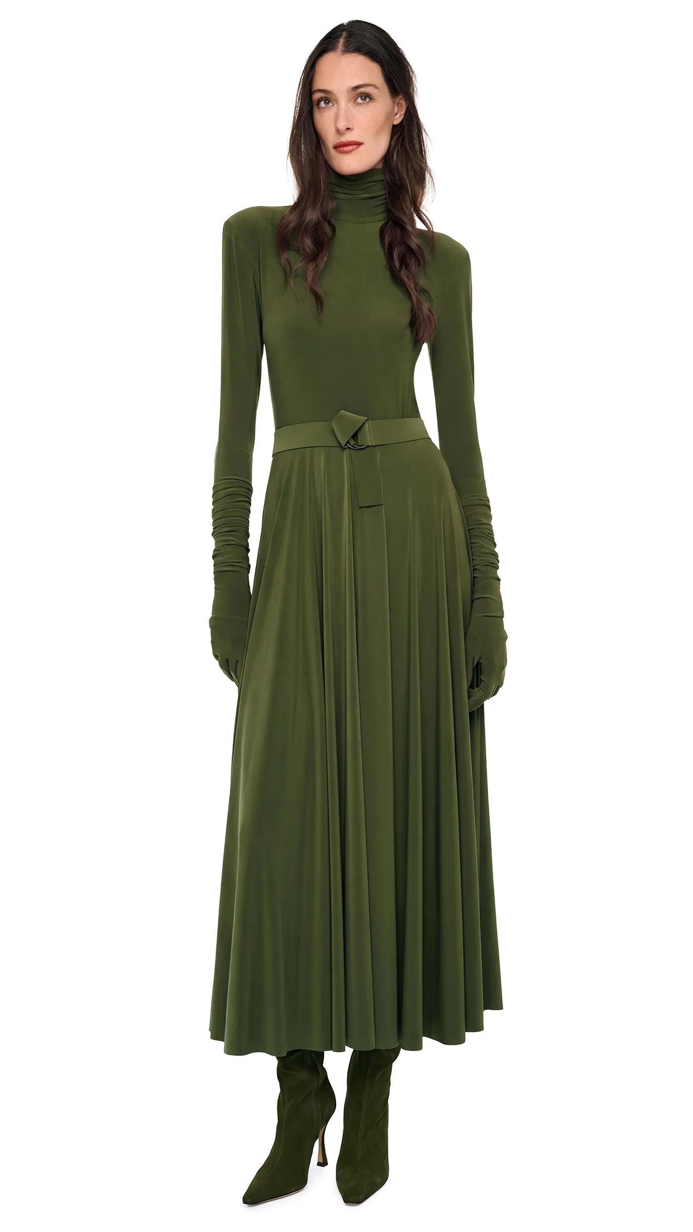 Shoulder Pad Turtle Flared Dress (Avocado)