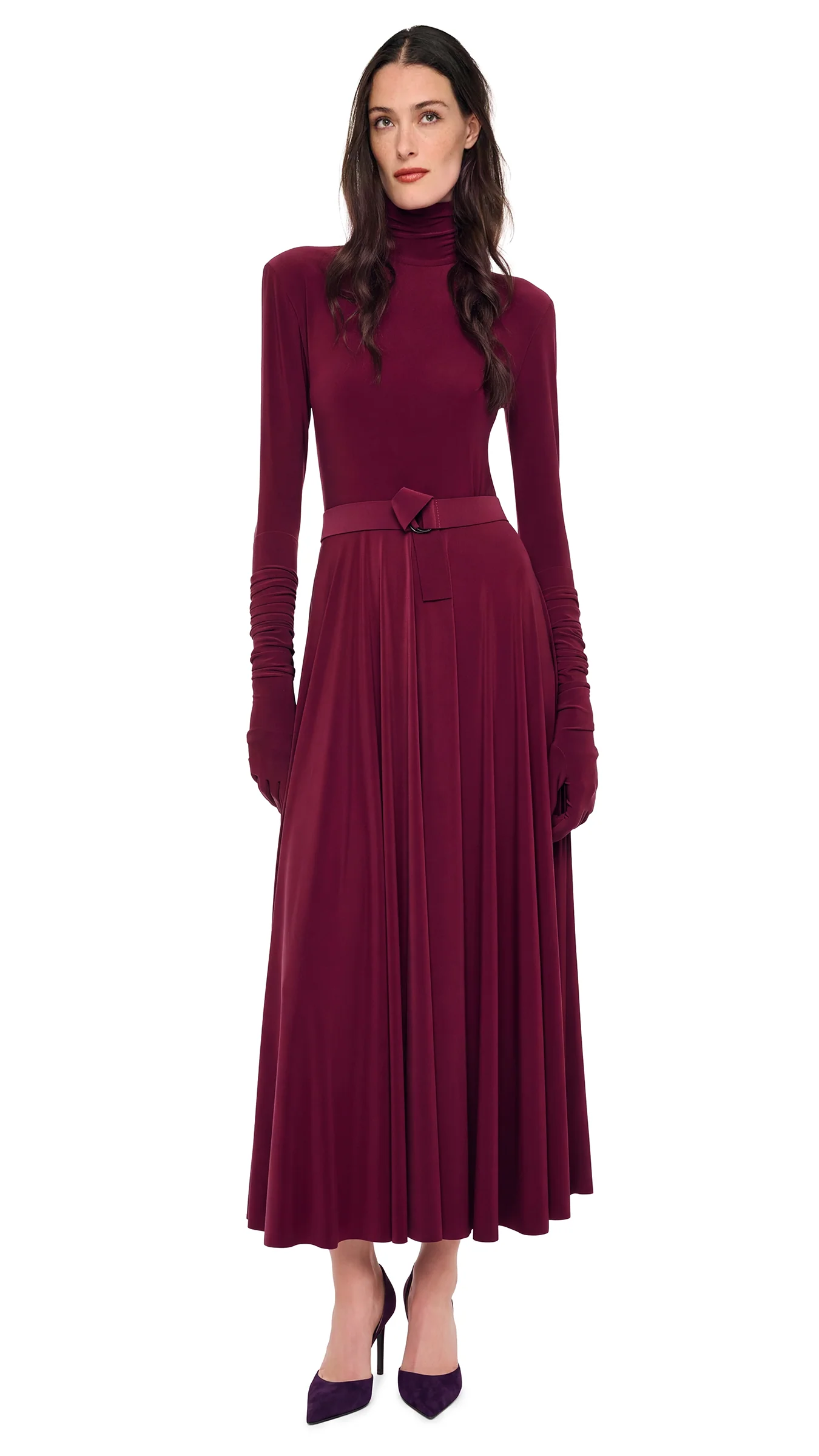 Shoulder Pad Turtle Flared Dress (Plum)